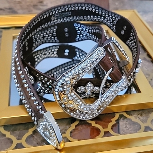 Nocona Fleur de lis  Ryan stone studded belt on leather main image 4